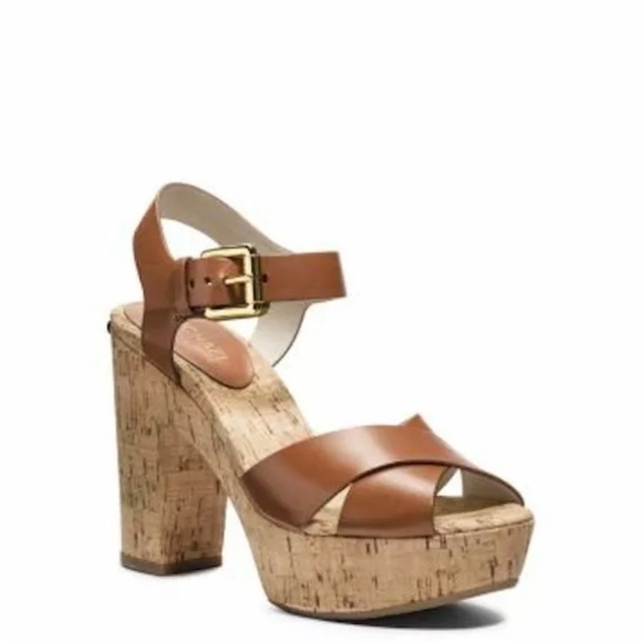 Michael Kors Heel Leather Cork Platform Sandal Camel Tan 8.5 - Picture 1 of 4